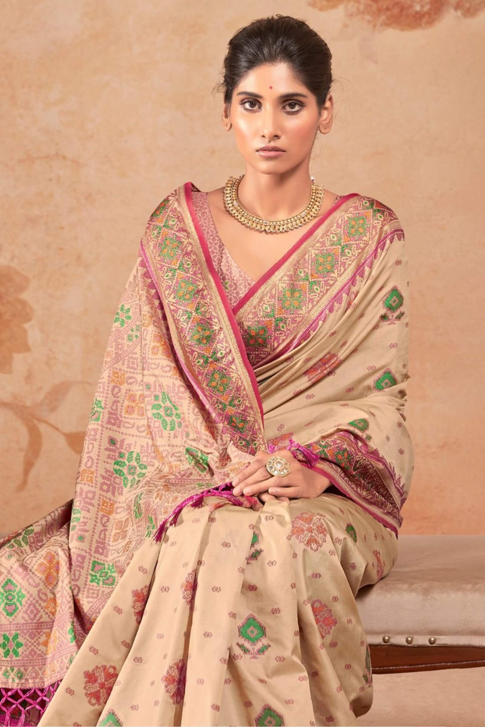 Panache Beige Patola Silk Saree with Fancifull Blouse Piece