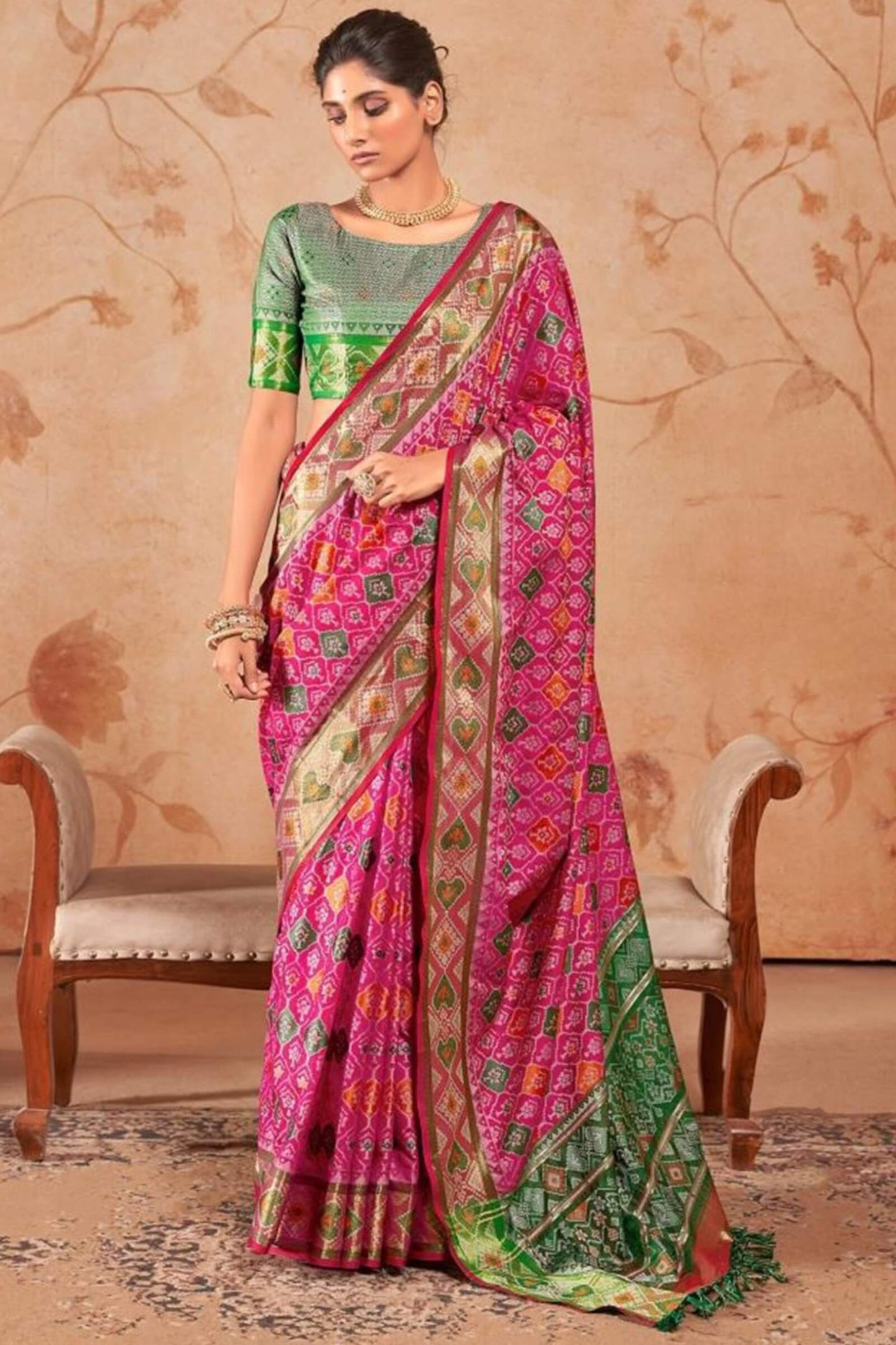 Vivacious Dark Pink Patola Silk Saree with Hypnotic Blouse Piece