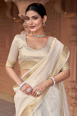 Sumptuous Off White Cotton Silk Saree With Stunning Blouse Piece