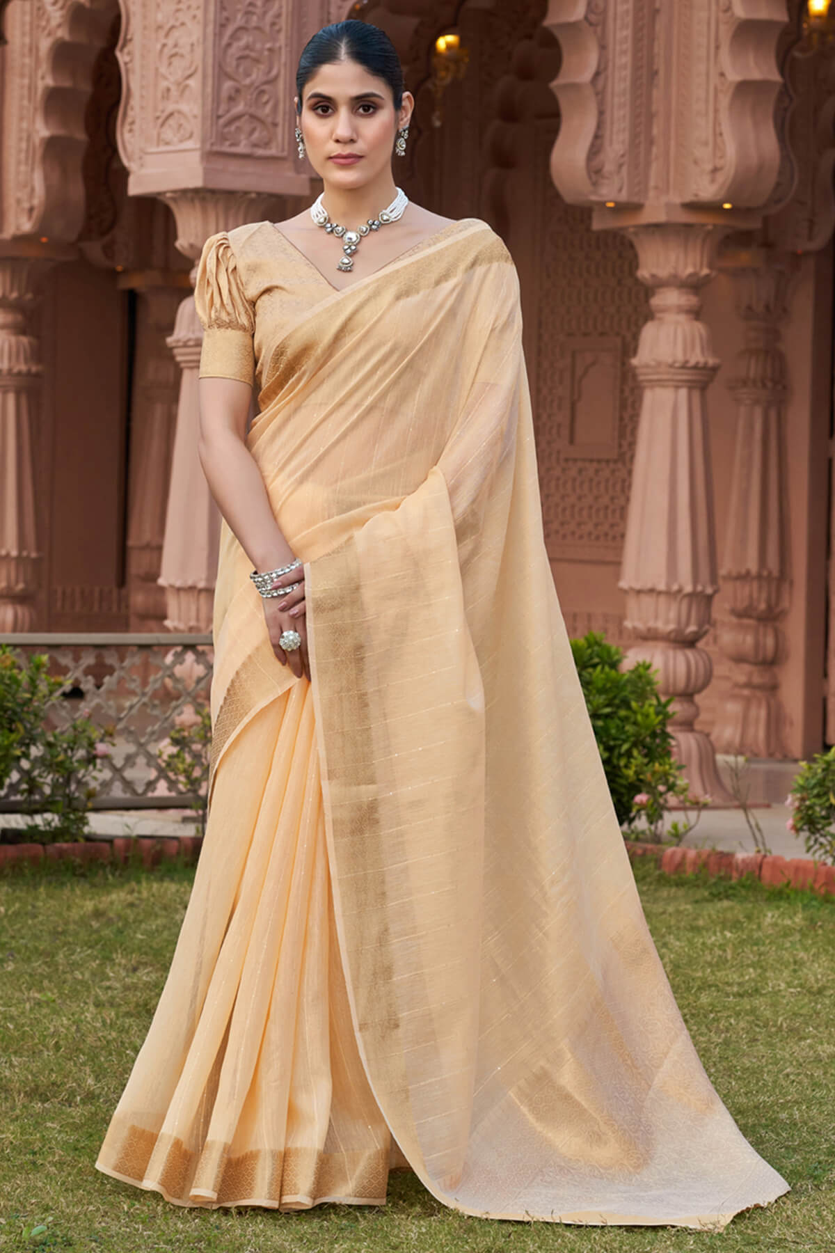 Smart Peach Cotton Silk Saree With Marvellous Blouse Piece