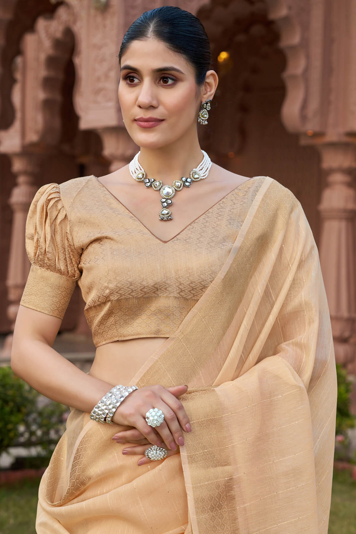 Smart Peach Cotton Silk Saree With Marvellous Blouse Piece