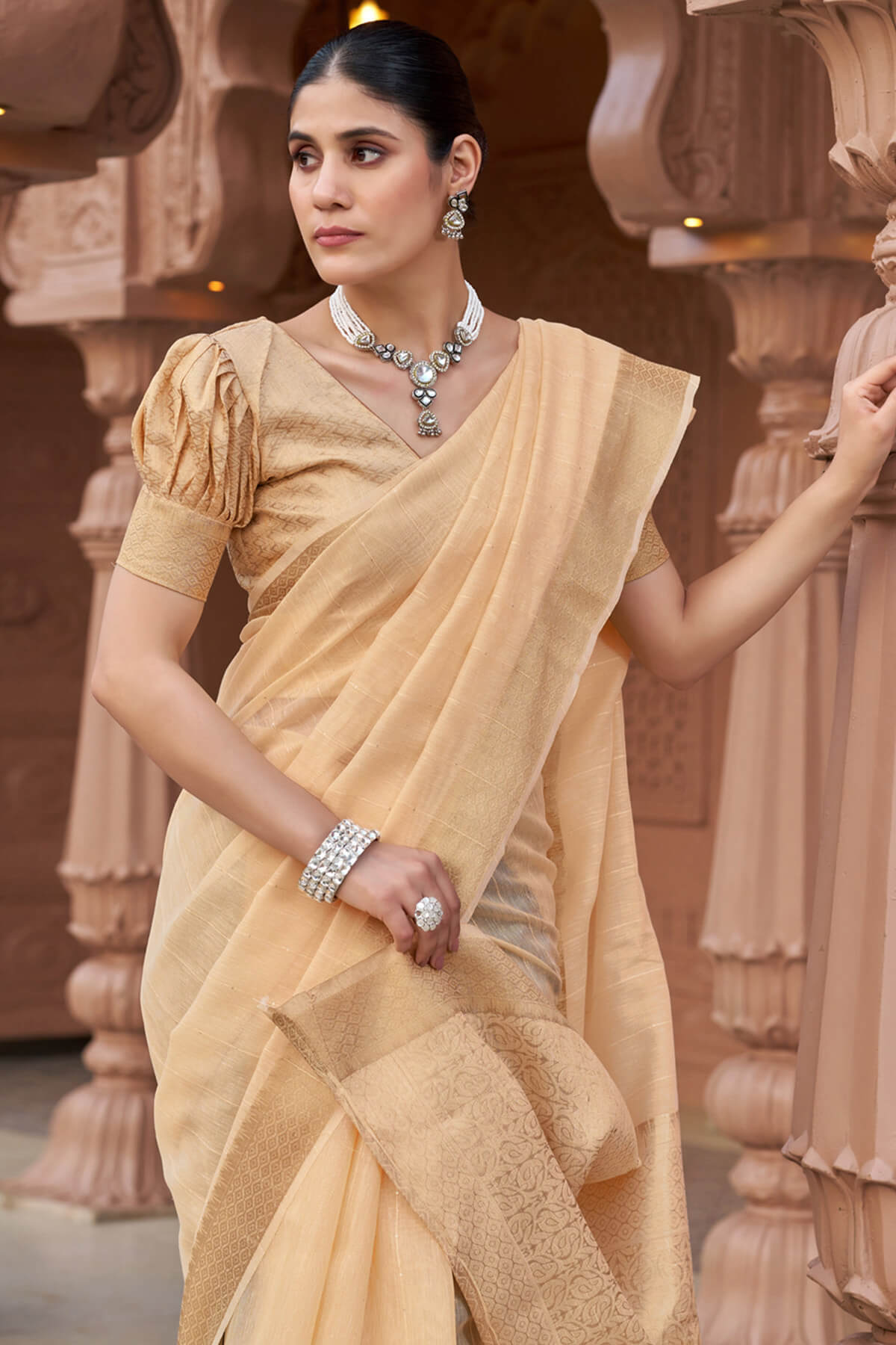 Smart Peach Cotton Silk Saree With Marvellous Blouse Piece