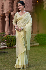 Fantabulous Pista Cotton Silk Saree With Extraordinary Blouse Piece