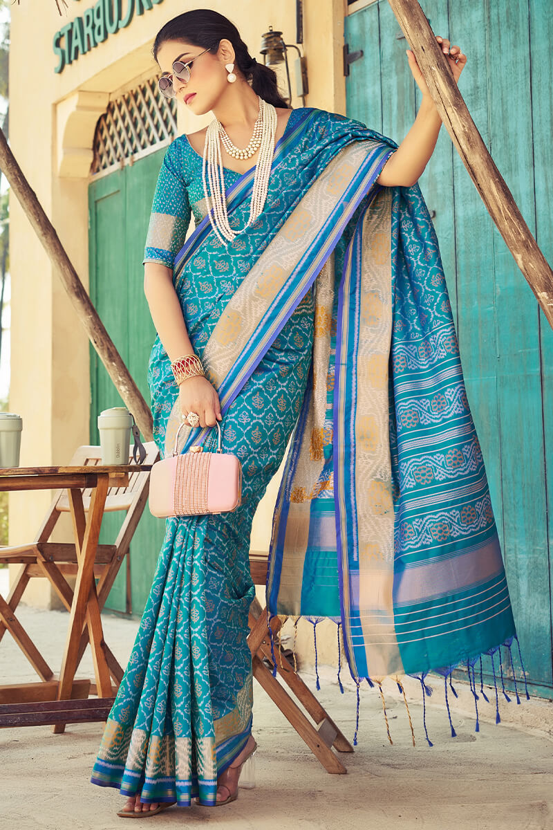 Ebullience Firozi Soft Banarasi Silk Saree With Traditional Blouse Piece