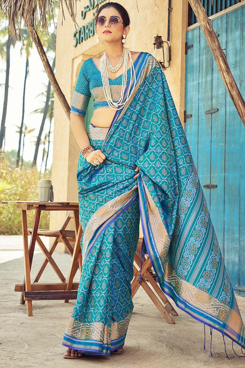 Ebullience Firozi Soft Banarasi Silk Saree With Traditional Blouse Piece