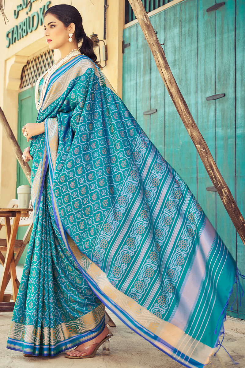 Ebullience Firozi Soft Banarasi Silk Saree With Traditional Blouse Piece