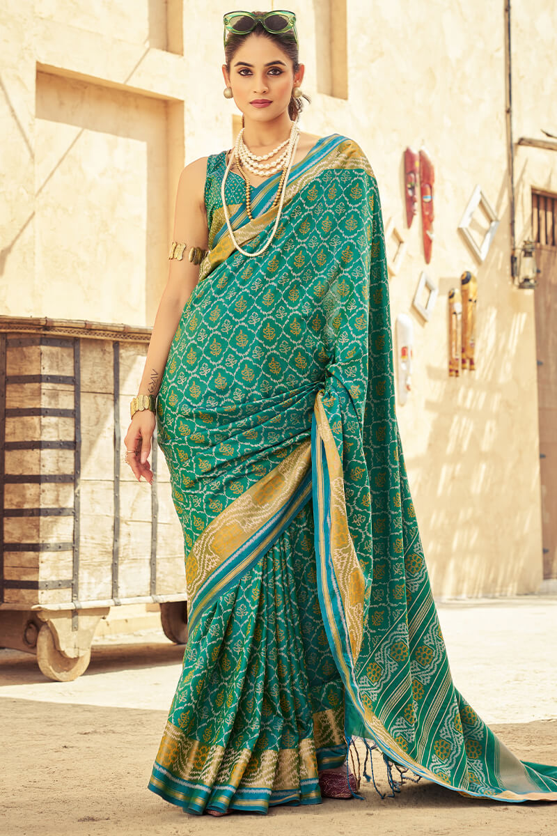 Posh Rama Soft Banarasi Silk Saree With Verdant Blouse Piece