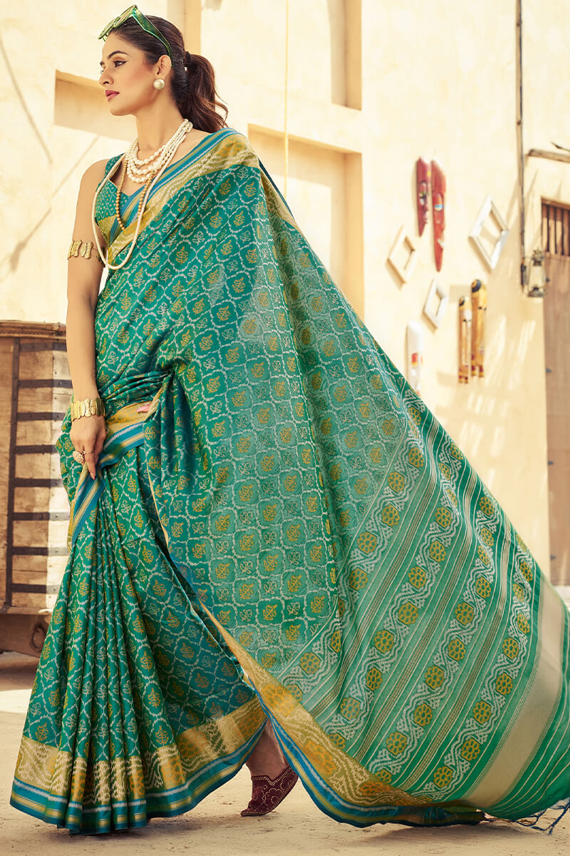 Posh Rama Soft Banarasi Silk Saree With Verdant Blouse Piece