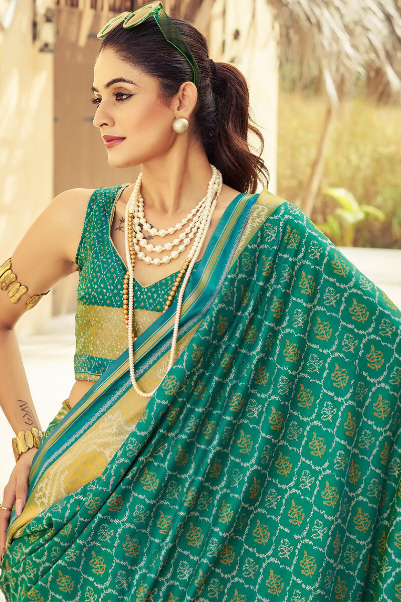 Posh Rama Soft Banarasi Silk Saree With Verdant Blouse Piece