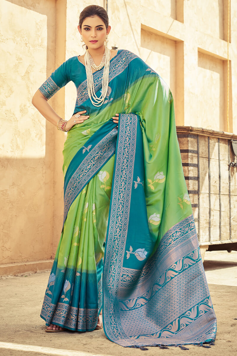 Tremendous Green Soft Banarasi Silk Saree With Epiphany Blouse Piece