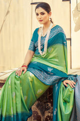 Tremendous Green Soft Banarasi Silk Saree With Epiphany Blouse Piece