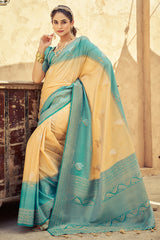 Gorgeous Peach Soft Banarasi Silk Saree With Trendy Blouse Piece