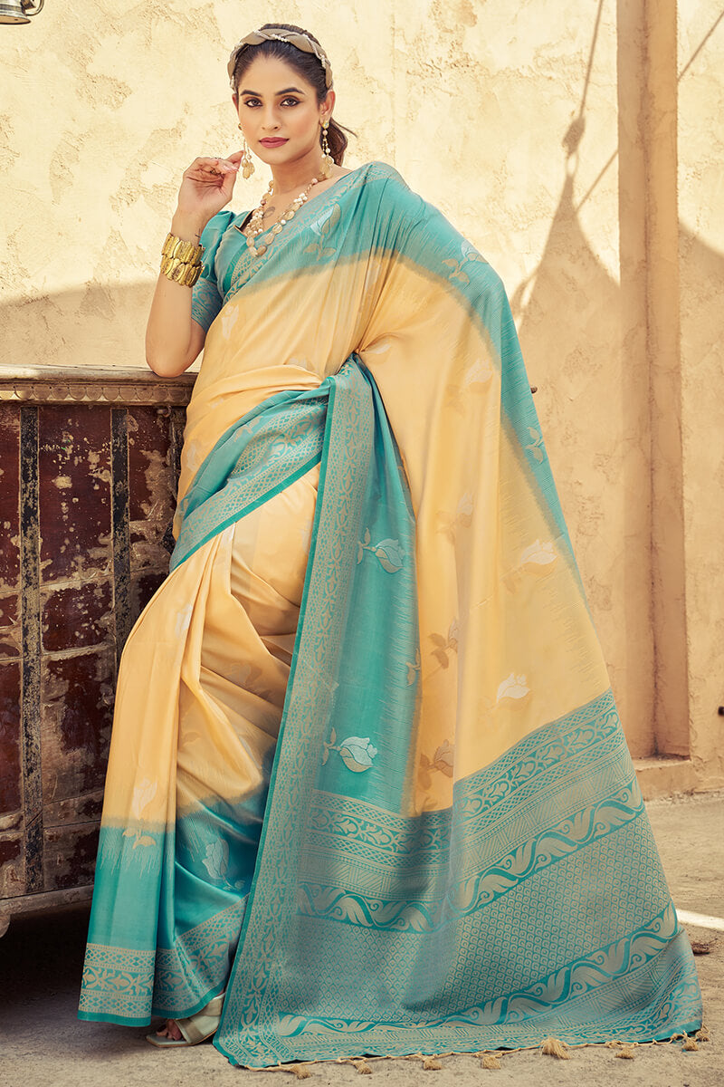 Gorgeous Peach Soft Banarasi Silk Saree With Trendy Blouse Piece