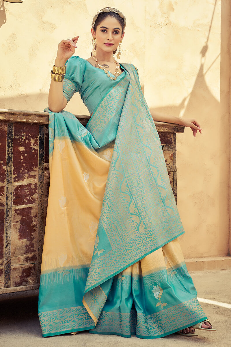 Gorgeous Peach Soft Banarasi Silk Saree With Trendy Blouse Piece