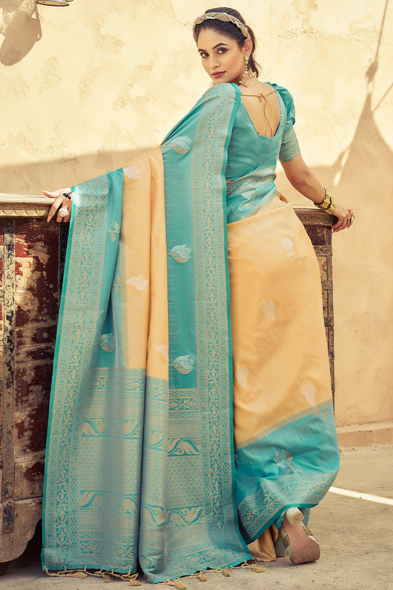 Gorgeous Peach Soft Banarasi Silk Saree With Trendy Blouse Piece