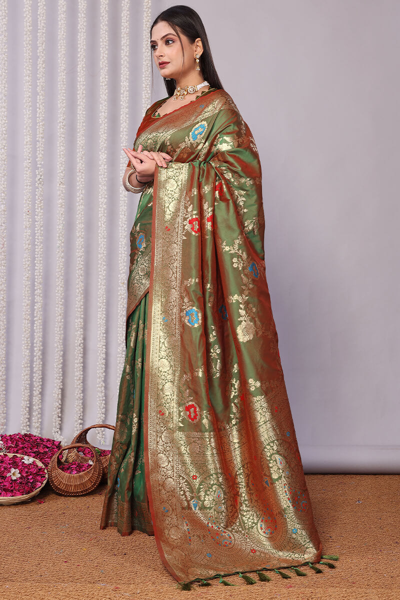 Comely Green Soft Banarasi Silk Saree With Mellifluous Blouse Piece