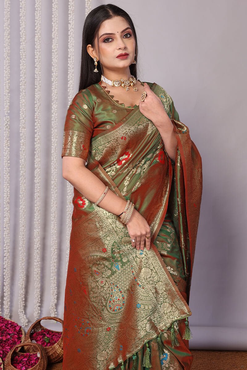 Comely Green Soft Banarasi Silk Saree With Mellifluous Blouse Piece