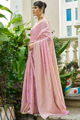 Flaunt Baby Pink Lucknowi Silk Saree With Exuberant Blouse Piece