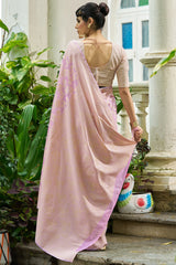 Flaunt Baby Pink Lucknowi Silk Saree With Exuberant Blouse Piece
