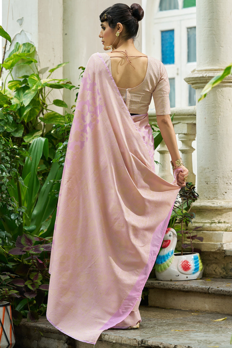 Flaunt Baby Pink Lucknowi Silk Saree With Exuberant Blouse Piece