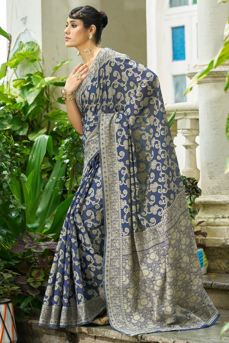 Eclat Blue Lucknowi Silk Saree With Imbrication Blouse Piece