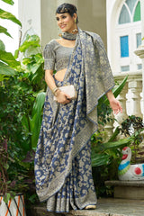 Eclat Blue Lucknowi Silk Saree With Imbrication Blouse Piece