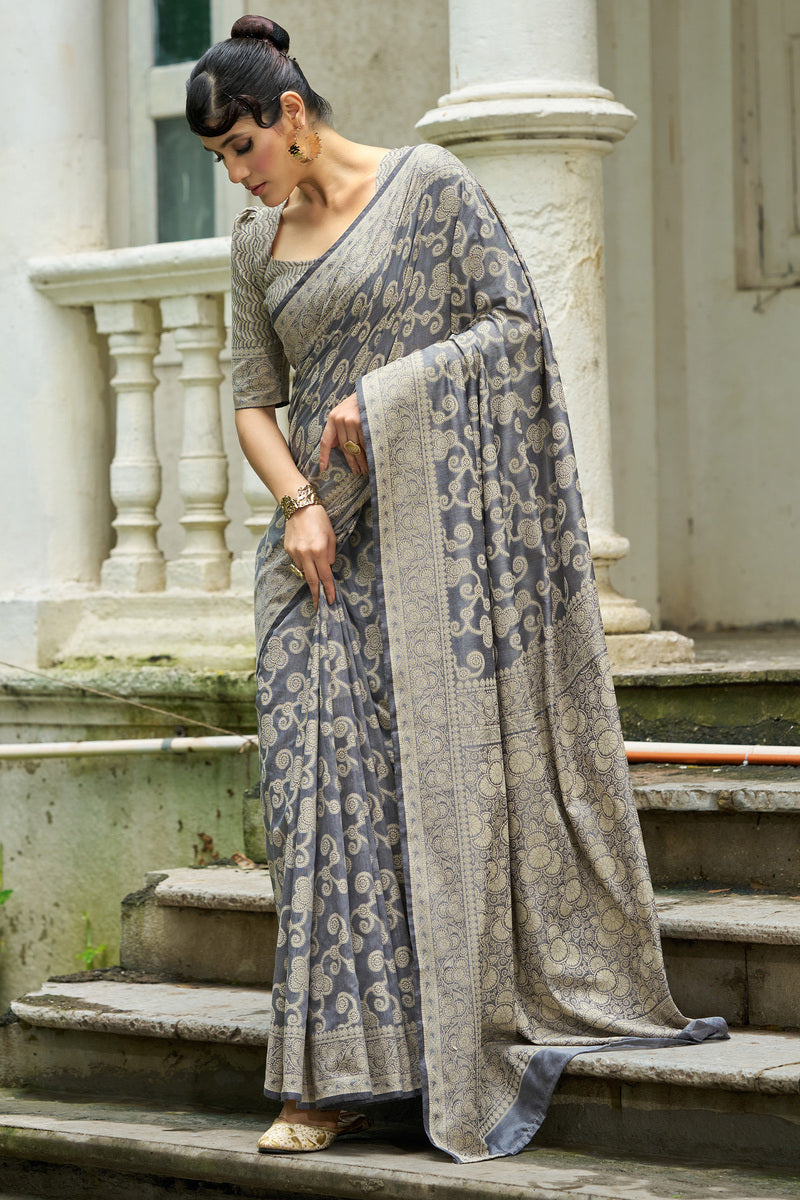 Lassitude Dark Grey Lucknowi Silk Saree With Seraglio Blouse Piece