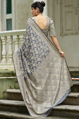 Lassitude Dark Grey Lucknowi Silk Saree With Seraglio Blouse Piece