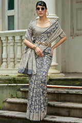 Lassitude Dark Grey Lucknowi Silk Saree With Seraglio Blouse Piece