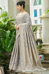 Supernal Grey Lucknowi Silk Saree With Glittering Blouse Piece