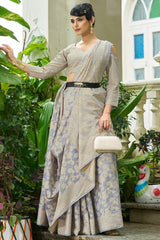 Supernal Grey Lucknowi Silk Saree With Glittering Blouse Piece
