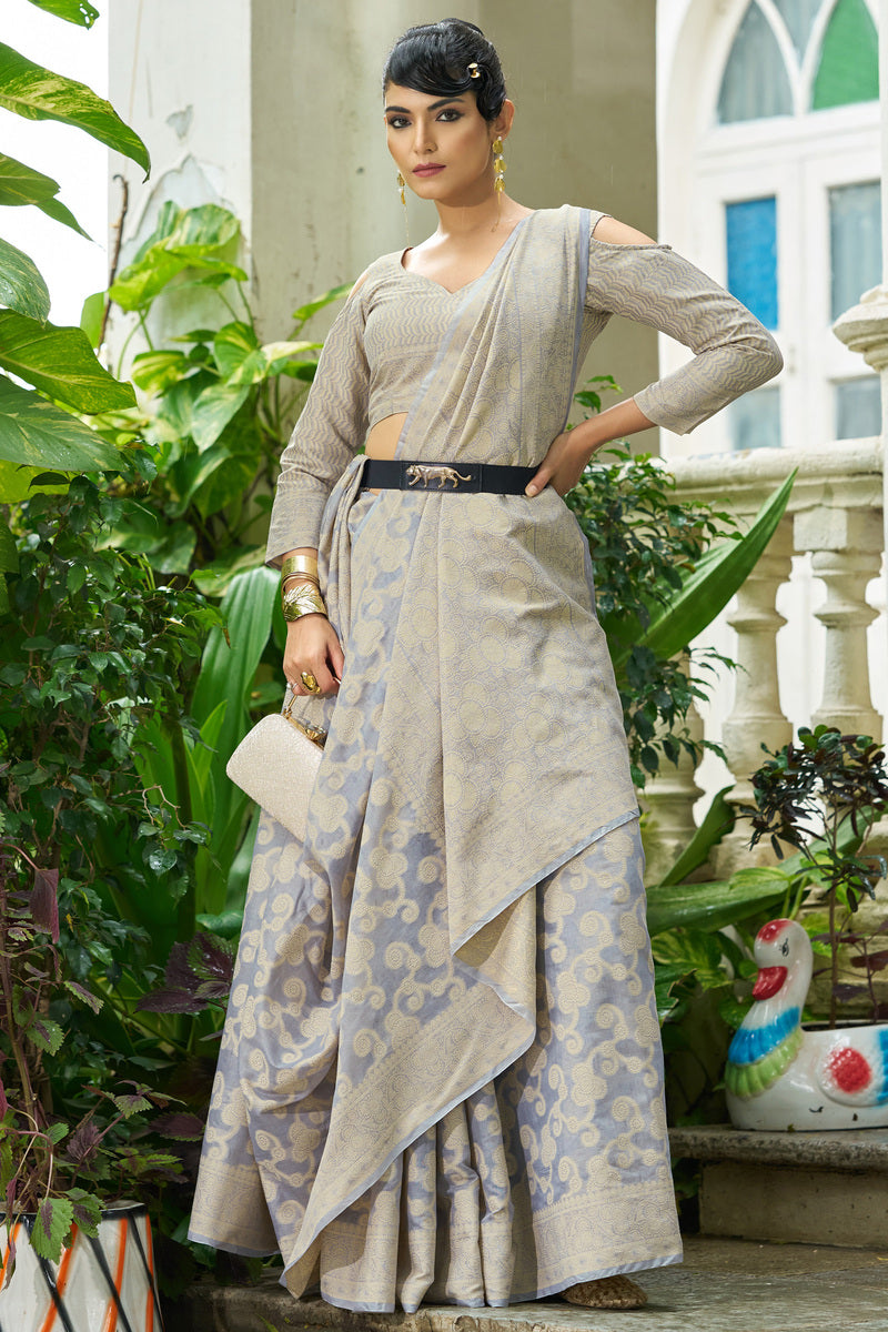 Supernal Grey Lucknowi Silk Saree With Glittering Blouse Piece