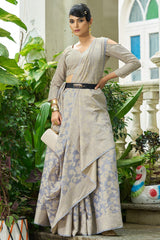 Supernal Grey Lucknowi Silk Saree With Glittering Blouse Piece