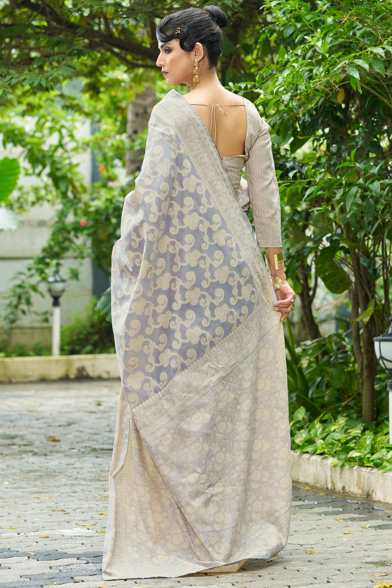Supernal Grey Lucknowi Silk Saree With Glittering Blouse Piece