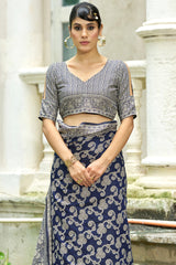 Lustrous Navy Blue Lucknowi Silk Saree With Ideal Blouse Piece