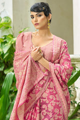 Elaborate Pink Lucknowi Silk Saree With Splendiferous Blouse Piece