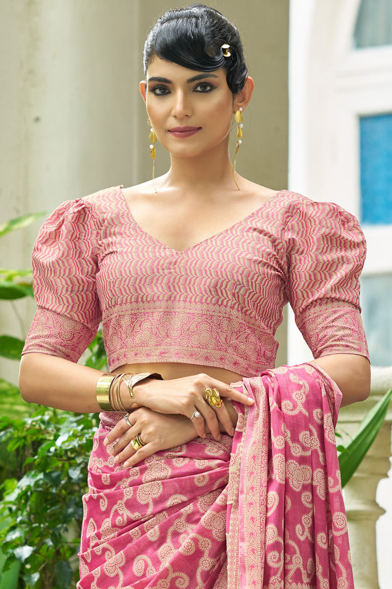Elaborate Pink Lucknowi Silk Saree With Splendiferous Blouse Piece