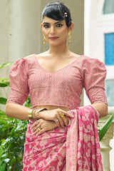 Elaborate Pink Lucknowi Silk Saree With Splendiferous Blouse Piece