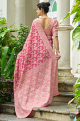 Elaborate Pink Lucknowi Silk Saree With Splendiferous Blouse Piece