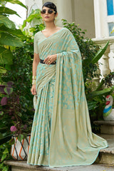 Vivacious Pista Lucknowi Silk Saree With Desultory Blouse Piece