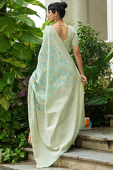 Vivacious Pista Lucknowi Silk Saree With Desultory Blouse Piece