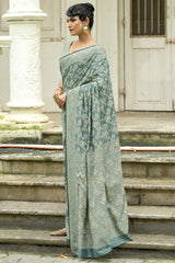Twirling Sea Green Lucknowi Silk Saree With Outstanding Blouse Piece