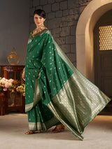 Capricious Dark Green Banarasi Silk Saree With Glamorous Blouse Piece