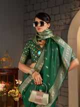 Capricious Dark Green Banarasi Silk Saree With Glamorous Blouse Piece