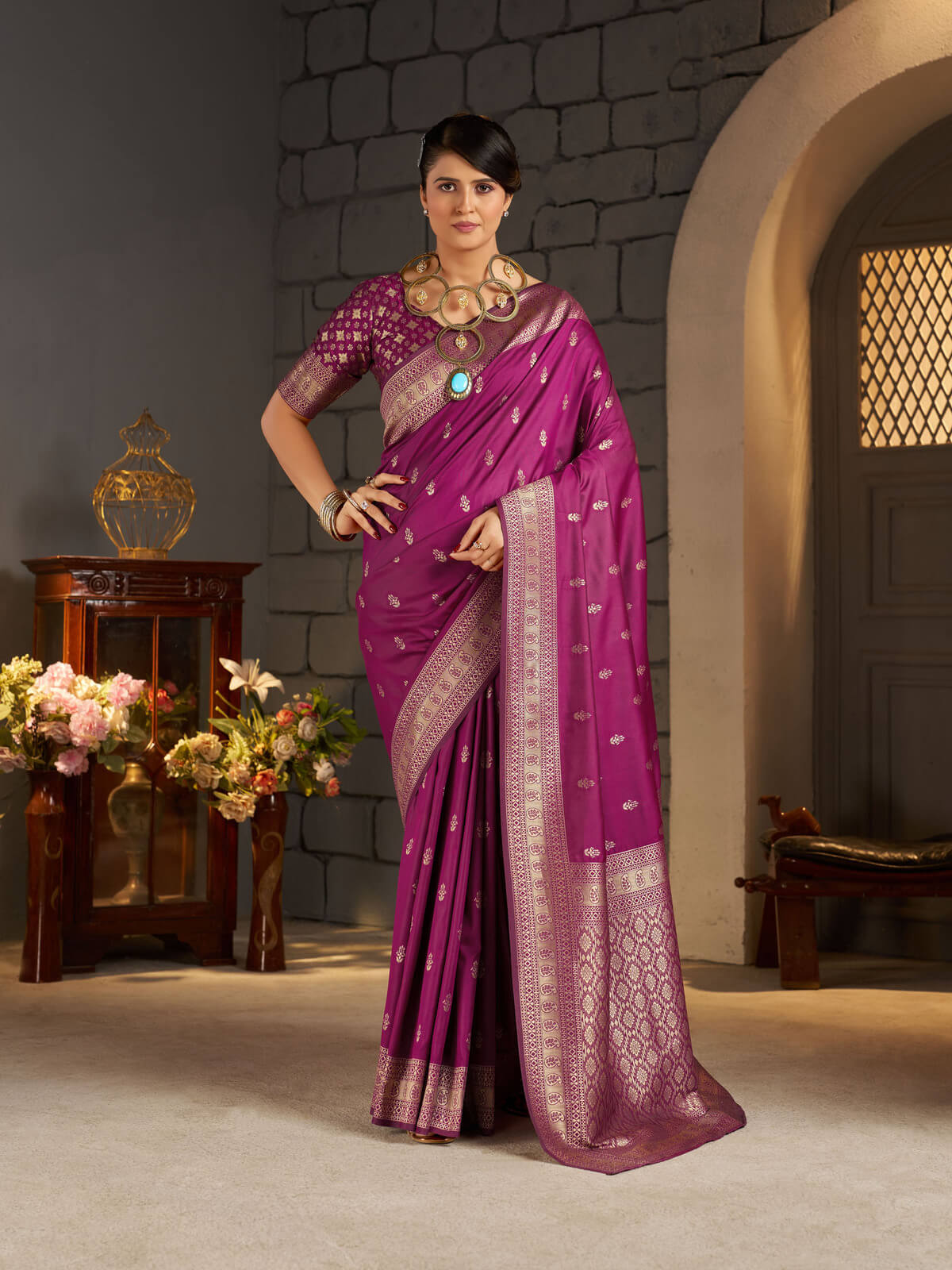 Elision Dark Pink Banarasi Silk Saree With Exceptional Blouse Piece