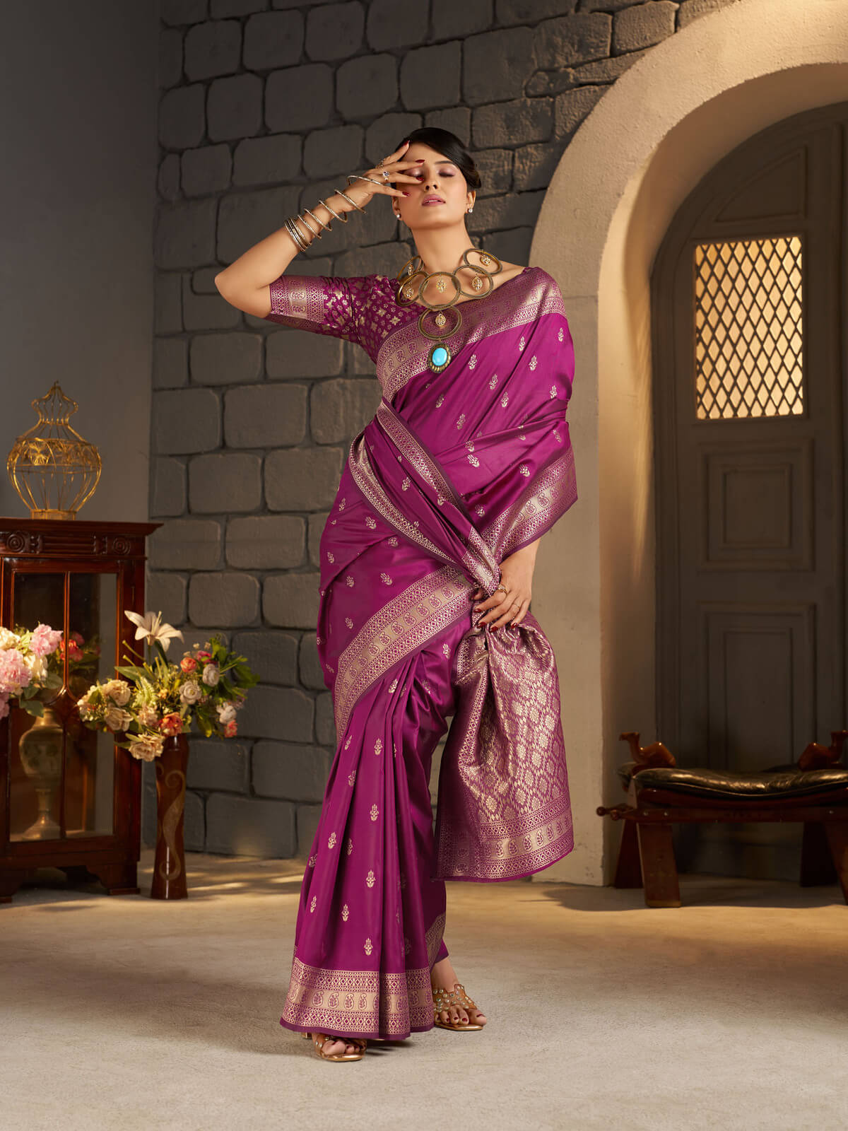 Elision Dark Pink Banarasi Silk Saree With Exceptional Blouse Piece