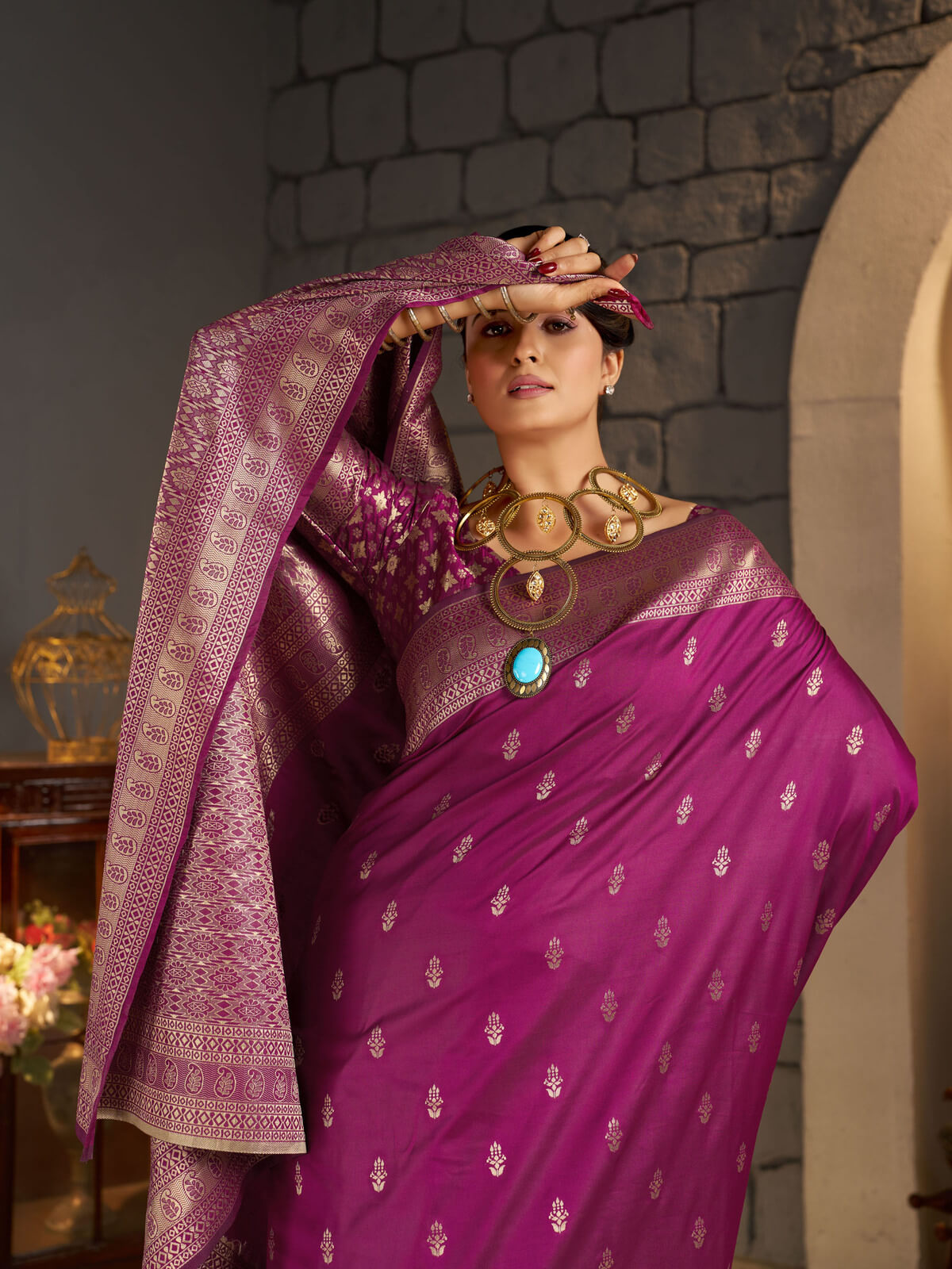 Elision Dark Pink Banarasi Silk Saree With Exceptional Blouse Piece