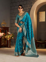 Luminous Firozi Banarasi Silk Saree With Ravishing Blouse Piece