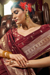 Eclat Maroon Pure Zari Weaving Banarasi Silk Saree With Fragrant Blouse Piece