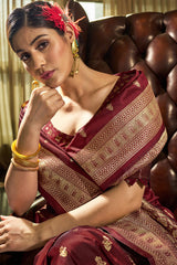 Eclat Maroon Pure Zari Weaving Banarasi Silk Saree With Fragrant Blouse Piece